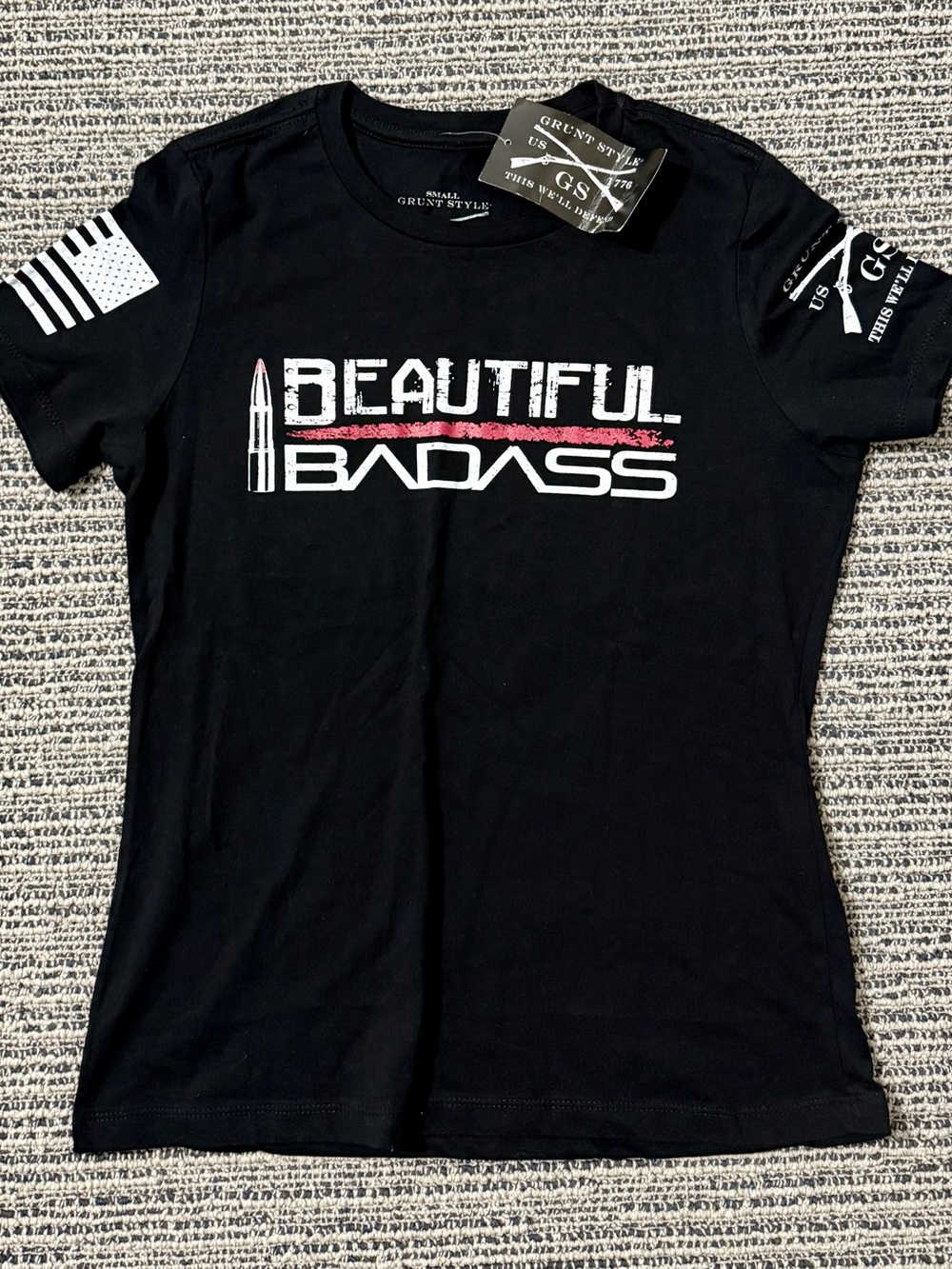 Grunt Style Black Tee with White Print and Red Stripe Accent
